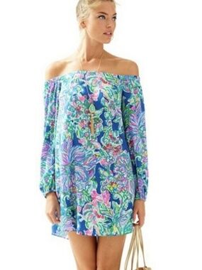 Lilly Pulitzer Adira Stretch Off Shoulder Silk Dress Indigo Exotic Escapade M